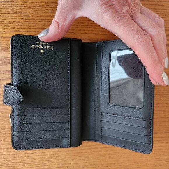 KATE SPADE NEW YORK GLITTER FABRIC AND SAFFING LEATHER TRIM BIFOLD WALLET - Picture 3 of 7